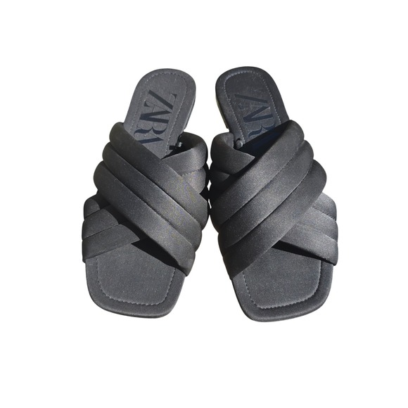 Zara Black‎ Criss Cross Padded Slide Sandals Square Toe Women's Size 39 / US 8 - Picture 2 of 6